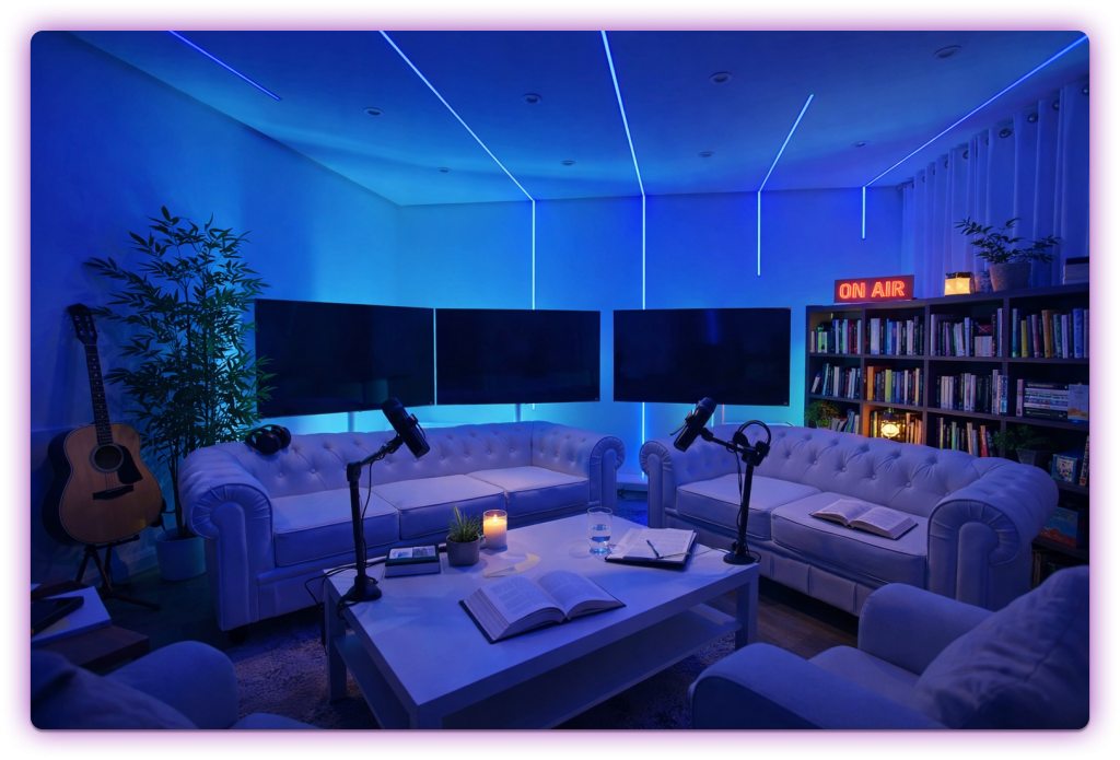 Plató profesional en Tenerife con iluminación azul, biblioteca al fondo, guitarras, sofás blancos y carteles de "On Air" para grabación de podcasts.